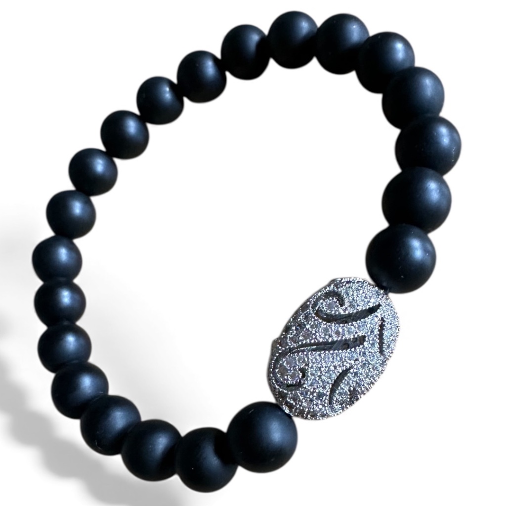 Matte 8mm Onyx Stretch Bracelet W/ Silver Crystal Oval Pave Filigree Spacer